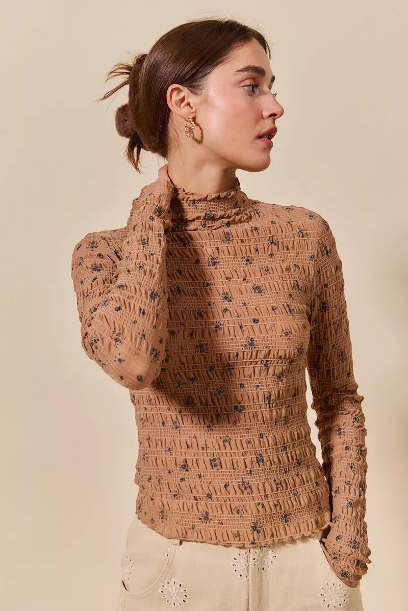 SO ME Floral Print Textured Long Sleeve Knit Top