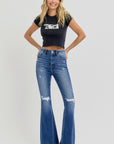 RISEN Full Size High Rise Distressed Raw Hem Flare Jeans