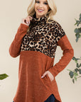 Celeste Full Size Curved Hem Leopard Turtleneck Long Sleeve Blouse