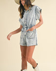 Annie Wear Elastic Waistband Short Sleeve Denim Romper