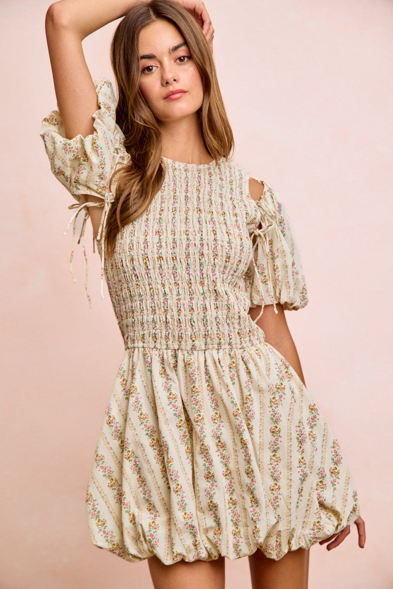 BiBi Floral Bow Tie Attachable Puff Sleeves Dress