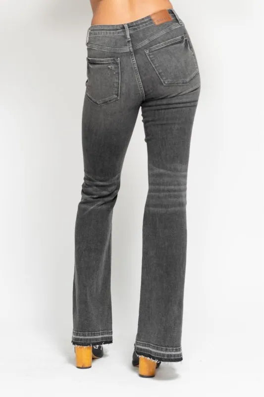 Judy Blue Full Size Midi Rise Tummy Control Washed Gray Release Hem Flare Jeans Plus Size