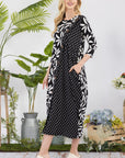 Celeste Full Size Floral Polka Dot Contrast Midi-Dress with Pockets