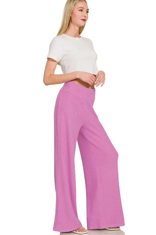 Zenana Rolled Sleeve Top and Pants Sweater Set in Mauve