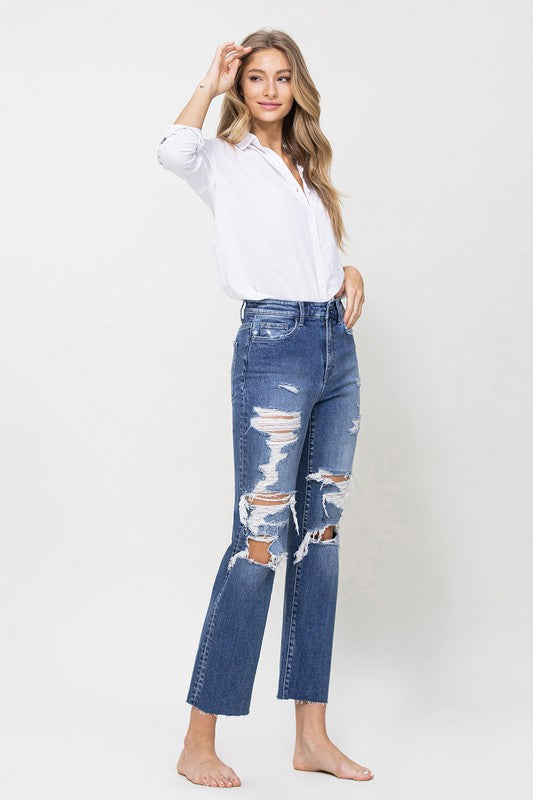 Flying Monkey Distressed High Rise Ankle Relaxed Straight Jean - Online Only