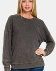 Zenana Washed Round Neck Dropped Shoulder Sweatshirt