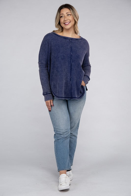 Zenana Plus Washed Baby Waffle Oversized Long Sleeve Top