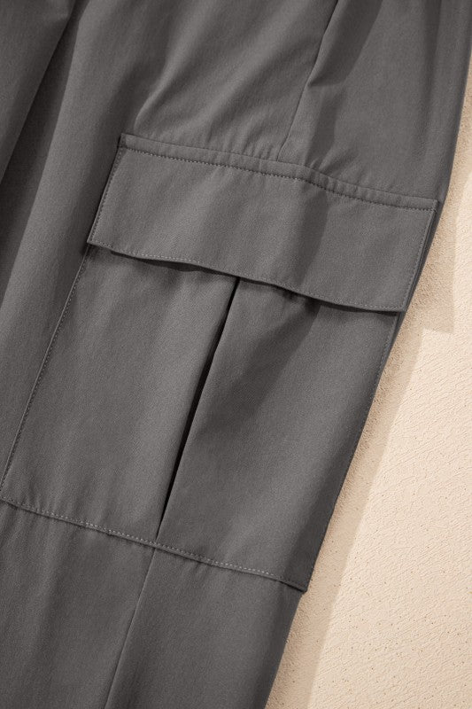 Solid Elastic High Waist Pocketed Cargo Jogger Pan