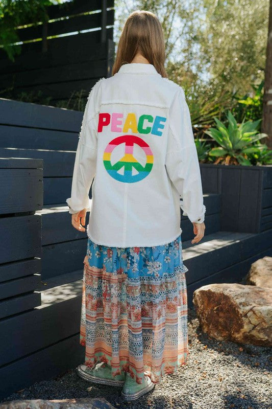 Davi &amp; Dani Multi Color Lettering Peace Symbol Button Up Shirt