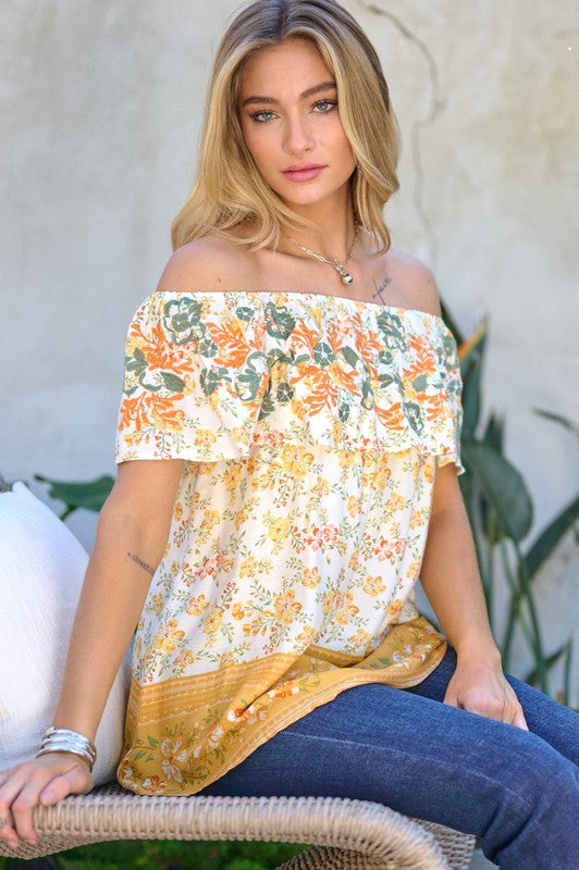 Davi &amp; Dani Printed Off Shoulder Smocked Top