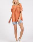 Mittoshop Mineral Washed Round Neck Ruffle Sleeve Blouse