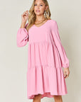 Double Take Full Size V-Neck Balloon Sleeve Tiered Dress with Pockets