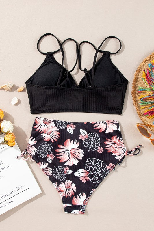 Tropical Colorblock Ribbed High Waist Bikini Swims