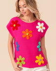 BiBi Flower Round Neck Cap Sleeve Knit Top