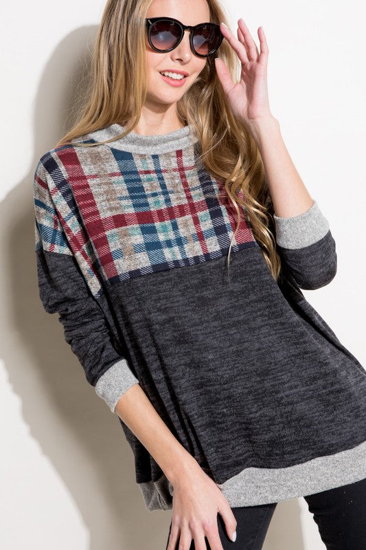 e Luna PLUS Solid Plaid Mock Neck Top