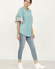 Color Block Sleeve Ruffle Knit Top