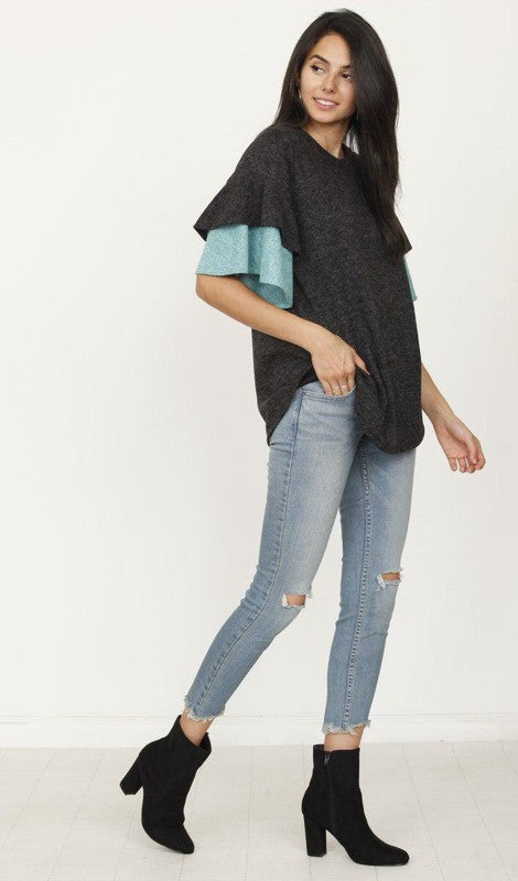 Color Block Sleeve Ruffle Knit Top