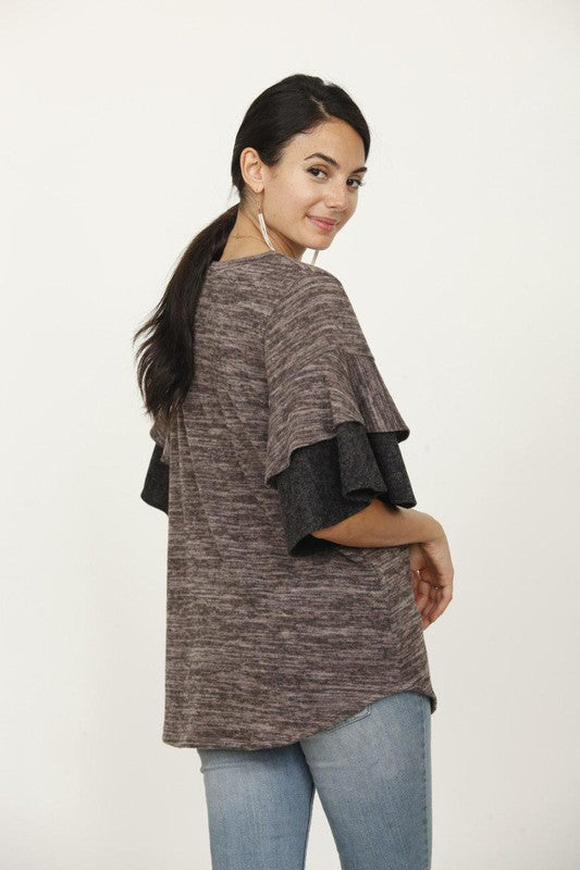 Plus Color Block Sleeve Ruffle Knit Top