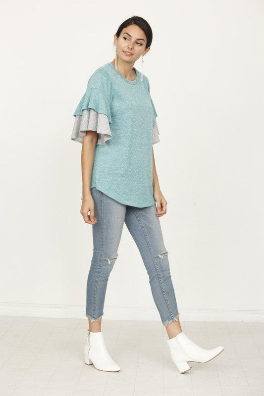 Plus Color Block Sleeve Ruffle Knit Top