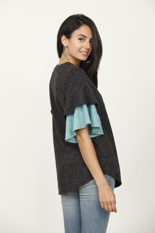 Color Block Sleeve Ruffle Knit Top