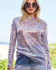 Davi & Dani Sequin Mock Neck Long Sleeve Mesh Top