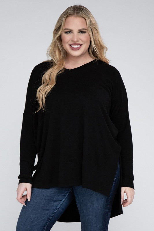 Zenana Plus Dolman Sleeve V-Neck Side Slit Hi-Low Hem Top