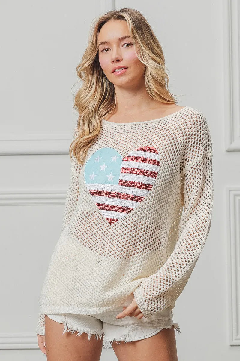 BiBi Sequin American Flag Heart Knit Cover Up