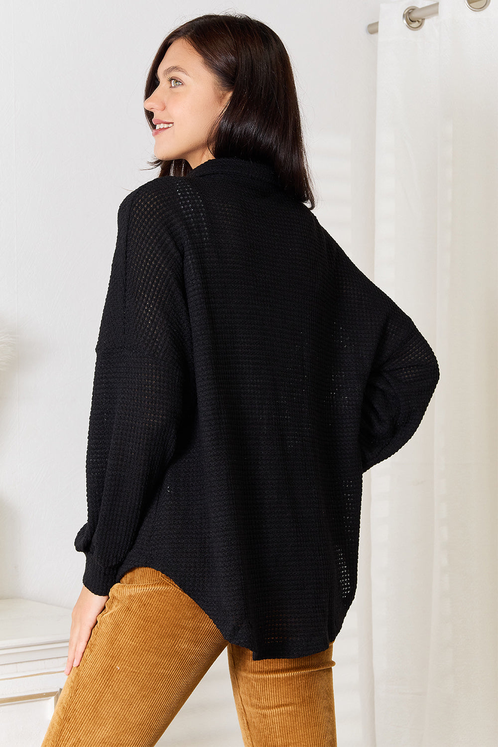 Double Take Waffle-Knit Collared Shirt
