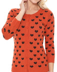 Round Neck Cat Patterned Cardigan Sweater