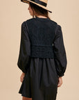 Annie Wear Crochet Vest Notched Long Sleeve Shirt Dress