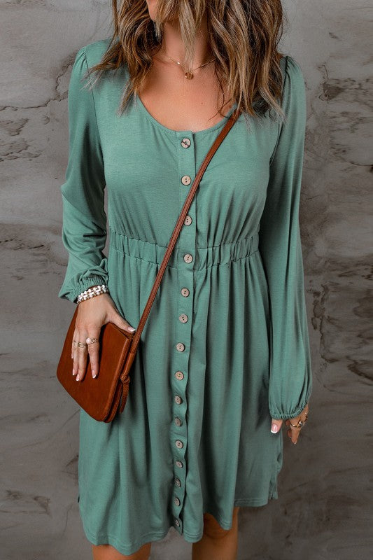 Solid Button-Up Scoop Neck Dress