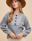 Annie Wear Half Button Ribbed Hem Sweater