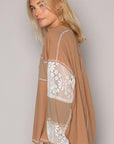 POL V-Neck Lace Balloon Sleeve Exposed Seam Top