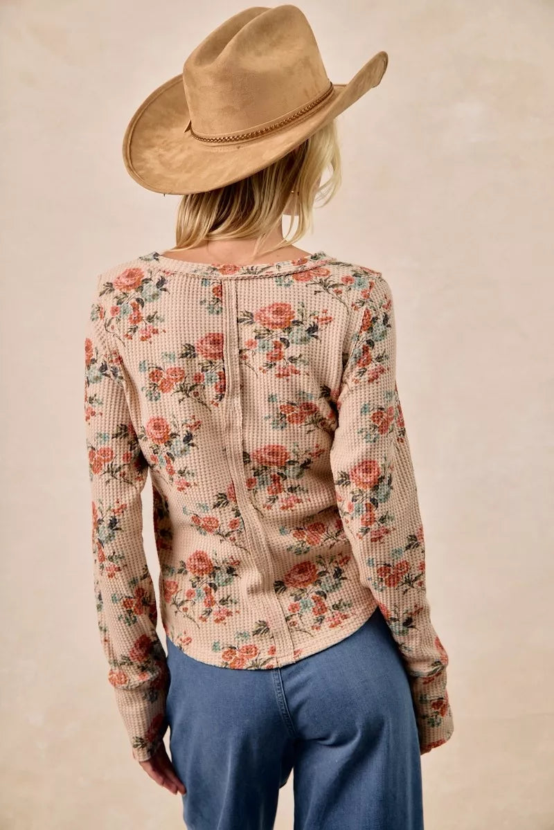 BiBi Floral Print Washed Waffle Thermal Top with Thumb