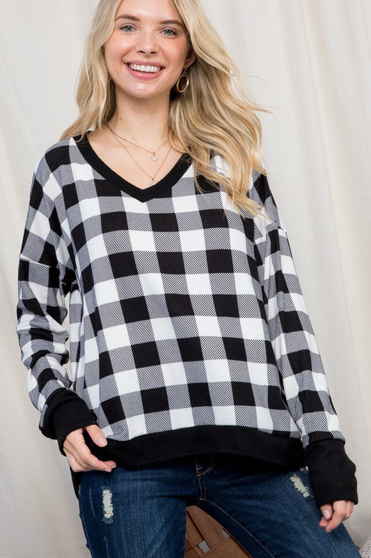 Plus Cozy Black and White Check Top - Online Only