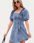 Denim Frilly Square Neck Bustier Puff Sleeve Dress