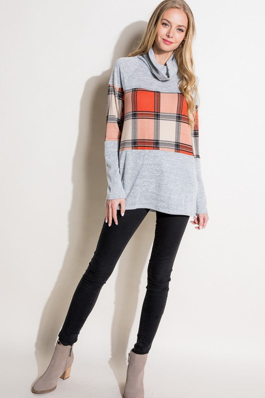 e Luna Plaid Mixed Turtle Neck Top