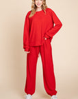 Super Lady Full Size Crinkle Check Round Neck Top and Pants Lounge Set