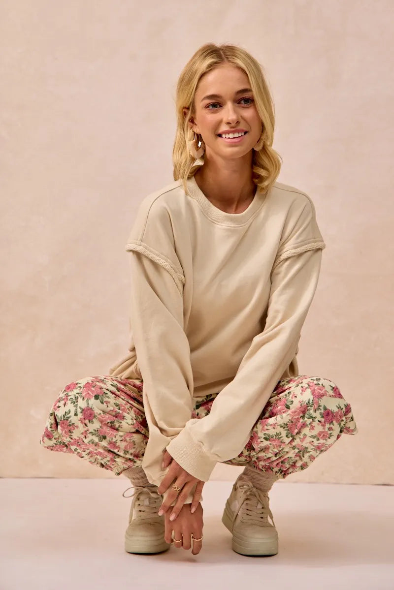 BiBi Floral Printed Twill Drawstring Pants With Elastic Band