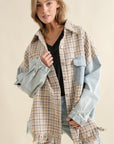 Tweed Mixed Denim Shacket with Fringed Hem