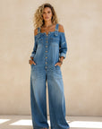 Women's Washed Denim Wide-Leg Overalls with Button Closure – 4 Colors S–XXL