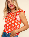 Haptics Round Neck Ruffled Floral Contrast Knit Top