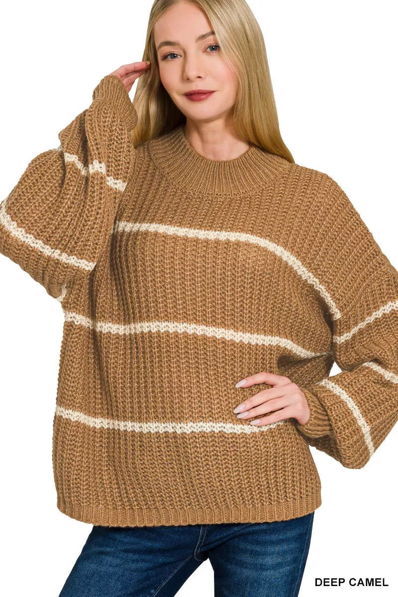 Zenana Oversize Striped Sweater in Camel