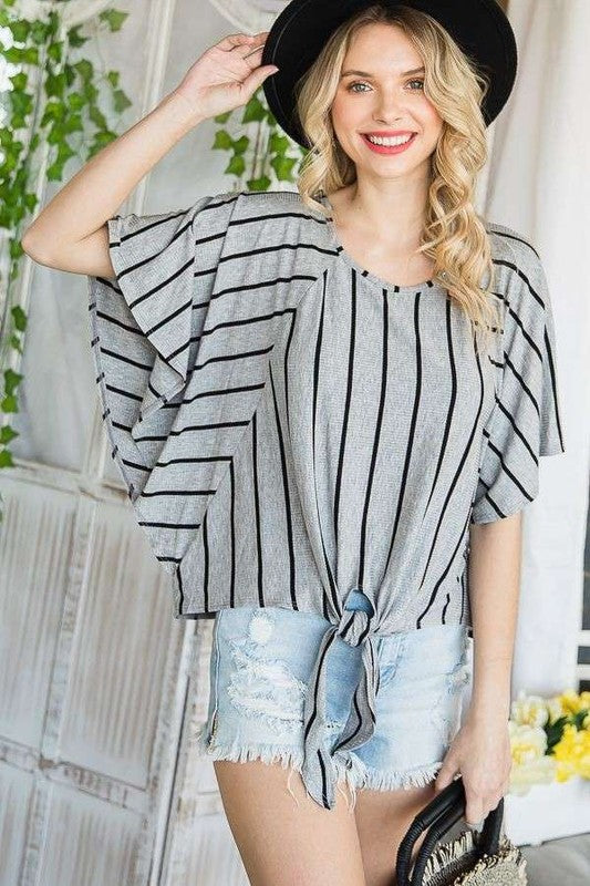 Jade By Jane PLUS Striped Print Tie Hem Sleeve Top