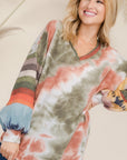 Celeste Full Size Tie-Dye Contrast Striped V-Neck Long Sleeve Blouse