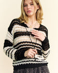 Davi & Dani Contrast Striped Crochet Drop Shoulder Knit Cover Up