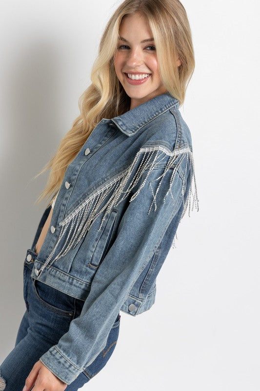 Cropped Denim Jacket with Rhinestone Fringe