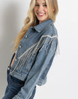 Cropped Denim Jacket with Rhinestone Fringe