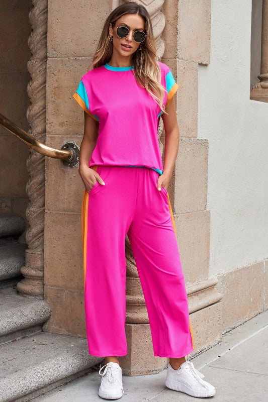 Colorblock Cap Sleeve Tee and Pants Set
