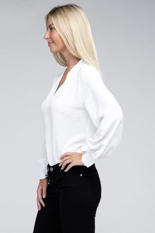 Zenana Woven Airflow V-Neck Long Sleeve Top